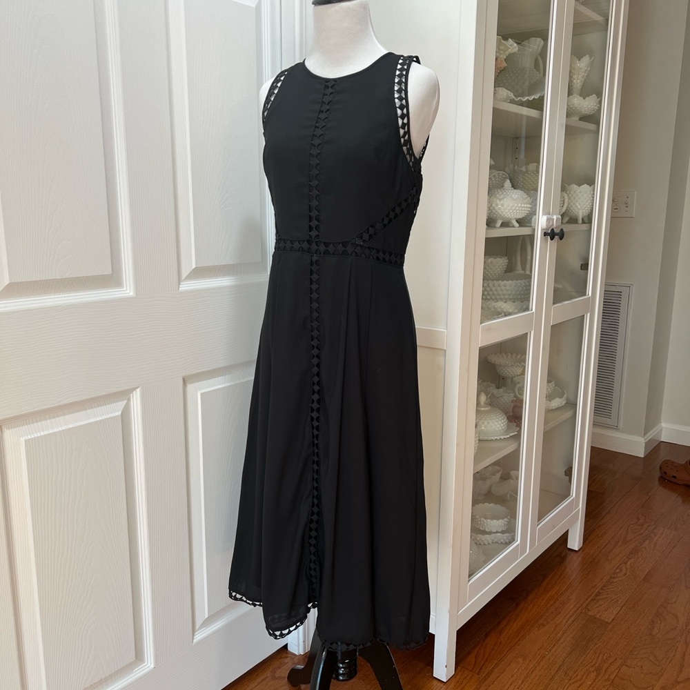 Ann Taylor Black Sleeveless Midi Dress with Ladder Trim - Picture 2 of 6